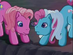 Size: 640x480 | Tagged: safe, screencap, pinkie pie (g3), rainbow dash (g3), g3, the runaway rainbow, night, pink dash, worried