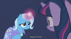 Size: 849x470 | Tagged: safe, screencap, trixie, twilight sparkle, pony, unicorn, g4, magic duel, captain obvious, glowing horn, horn, nailed it, you don't say, youtube caption