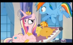 Size: 1024x640 | Tagged: safe, screencap, princess cadance, rainbow dash, g4, games ponies play, belly, hub logo, lying down, on side, youtube caption