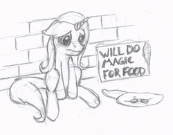 Size: 933x726 | Tagged: artist needed, safe, trixie, pony, unicorn, begging, bits, female, hobo, homeless, mare, monochrome, poor, poverty, sad, solo, the sad and depresive trixie, will x for y