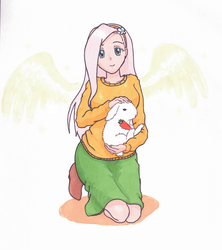 Size: 786x885 | Tagged: safe, artist:carboncopy, fluttershy, rabbit, g4, carrot, clothes, female, humanized, skirt, solo, winged humanization