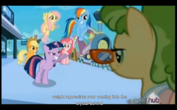 Size: 1024x640 | Tagged: safe, screencap, applejack, chickadee, fluttershy, ms. peachbottom, pinkie pie, rainbow dash, twilight sparkle, g4, games ponies play, youtube caption