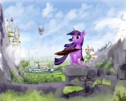 Size: 1000x800 | Tagged: safe, artist:archonix, dinky hooves, twilight sparkle, pony, unicorn, g4, airship, canterlot, cape, city, clothes, duo, female, mare, mountain, older, older dinky hooves, unicorn twilight