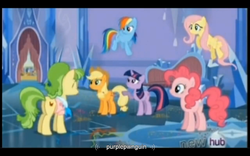 Size: 1024x640 | Tagged: safe, screencap, applejack, chickadee, fluttershy, ms. peachbottom, pinkie pie, rainbow dash, twilight sparkle, g4, games ponies play, purplepwnguin, youtube caption