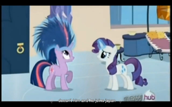 Size: 1024x640 | Tagged: safe, screencap, rarity, twilight sparkle, g4, games ponies play, youtube caption