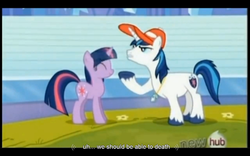 Size: 1024x640 | Tagged: safe, screencap, shining armor, twilight sparkle, g4, games ponies play, youtube caption