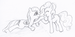 Size: 1559x768 | Tagged: artist needed, safe, fluttershy, pinkie pie, earth pony, pegasus, pony, g4, duo, duo female, eyes closed, female, hoof hold, lesbian, mare, monochrome, ship:flutterpie, shipping, smiling, teary eyes