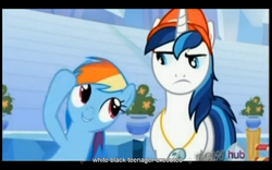 Size: 1024x640 | Tagged: safe, screencap, rainbow dash, shining armor, g4, games ponies play, youtube caption