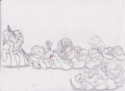 Size: 3501x2550 | Tagged: safe, artist:deihiru, applejack, fluttershy, pinkie pie, rainbow dash, rarity, spike, twilight sparkle, g4, accessory swap, long tail, mane seven, sleeping, traditional art, wat