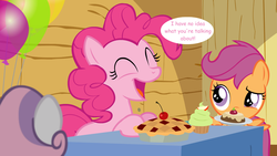 Size: 1280x720 | Tagged: safe, artist:jan, pinkie pie, scootaloo, sweetie belle, ask the crusaders, g4, balloon, cupcake, image macro, pie, reaction image