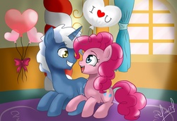 Size: 1573x1082 | Tagged: safe, artist:zorbitas, pinkie pie, pokey pierce, g4, balloon, female, male, party balloon, ship:pokeypie, shipping, straight