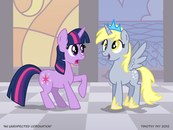 Size: 1024x768 | Tagged: safe, artist:tim-kangaroo, derpy hooves, twilight sparkle, alicorn, pony, unicorn, g4, alicornified, derpicorn, duo, duo female, female, mare, muffin queen, race swap, unicorn twilight