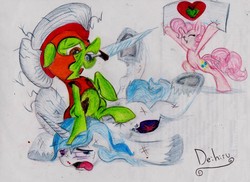 Size: 3363x2447 | Tagged: safe, artist:deihiru, granny smith, pinkie pie, shining armor, earth pony, pony, unicorn, g4, bipedal, black eye, blood, female, mare, mouth hold, nosebleed, sitting on person, sitting on pony, sword, tongue out, traditional art, weapon