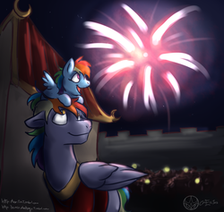 Size: 1000x948 | Tagged: safe, artist:aeritus, rainbow blaze, rainbow dash, g4, 30 minute art challenge, chinese new year, father and daughter, fireworks, pony hat, rainbow dash riding rainbow blaze, riding