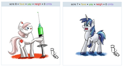 Size: 534x287 | Tagged: safe, artist:ravenousdrake, nurse redheart, shining armor, g4, exploitable meme, fake juxtaposition win, giant syringe, juxtaposition, juxtaposition win, needle, syringe, trypanophobia