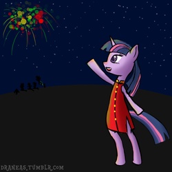 Size: 1200x1200 | Tagged: safe, artist:draneas, applejack, fluttershy, pinkie pie, rainbow dash, rarity, spike, twilight sparkle, pony, g4, 30 minute art challenge, bipedal, chinese new year, clothes, dress, fireworks, silhouette