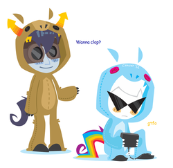 Size: 1054x1024 | Tagged: safe, artist:cancerlicious, rainbow dash, human, g4, clothes, costume, dirk strider, duo, duo male, floating ears, fursuit, homestuck, horuss zahhak, implied clopping, kirigurumi, male, pony costume, simple background, sitting, standing, troll (homestuck), white background