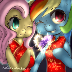 Size: 800x800 | Tagged: safe, artist:marinakirby, fluttershy, rainbow dash, anthro, semi-anthro, g4, 30 minute art challenge, arm hooves, breasts, cheongsam, chinese new year, clothes, dress, duo, heart, hoof hold, one eye closed, sparkler (firework)