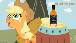 Size: 1366x768 | Tagged: safe, artist:detectivebuddha, applejack, g4, applejack daniel's, drunk, drunk aj, wallpaper