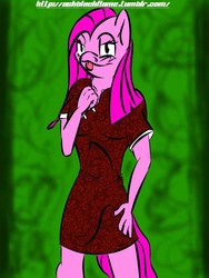 Size: 768x1024 | Tagged: safe, artist:derpydooreviews, pinkie pie, earth pony, anthro, g4, 30 minute art challenge, clothes, dress, female, pinkamena diane pie, solo