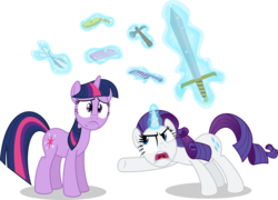 Size: 13823x9926 | Tagged: safe, artist:psyxofthoros, rarity, twilight sparkle, pony, unicorn, g4, absurd resolution, comb, duo, duo female, female, hammer, insulting rarity, magic, mare, measuring tape, scissors, simple background, sword, transparent background, unicorn twilight, vector