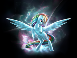Size: 1280x960 | Tagged: safe, artist:anniasha, rainbow dash, pegasus, pony, g4, birthday gift, female, looking back, mare, rearing, signature, solo, spread wings, watermark, wings