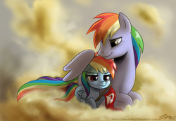 Size: 1100x762 | Tagged: safe, artist:johnjoseco, rainbow blaze, rainbow dash, pegasus, pony, g4, games ponies play, blank flank, cloud, crying, duo, father and daughter, female, filly, foal, hooves, hug, lying on a cloud, male, on a cloud, prone, stallion, winghug, wings