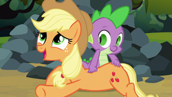 Size: 1920x1080 | Tagged: safe, screencap, applejack, spike, dragon, earth pony, pony, g4, spike at your service, back scratching, butt touch, female, hand on butt, happy, lip bite, male, mare, open mouth, out of context, rock, scratching, smiling