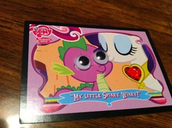 Size: 1037x775 | Tagged: safe, rarity, spike, g4, female, fire ruby, googly eyes, male, ship:sparity, shipping, straight, trading card