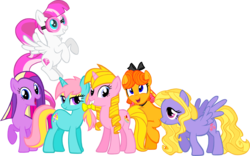 Size: 1600x1000 | Tagged: dead source, safe, artist:kiddysa-bunnpire, bumblesweet, cherry pie, cupcake (g4), dewdrop dazzle, diamond rose, lily blossom, earth pony, pegasus, pony, unicorn, g4, alternate mane six, bow, closed mouth, eyeshadow, female, flying, goggles, grin, group, hair bow, high ponytail, lidded eyes, looking at you, makeup, mane six opening poses, mare, not blossomforth, not pinkamena, open mouth, ponytail, recolor, ringlets, sextet, simple background, smiling, spread wings, standing, transparent background, wings