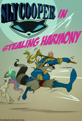 Size: 679x1000 | Tagged: safe, artist:foxinshadow, princess celestia, alicorn, pony, raccoon, anthro, g4, crossover, element of generosity, element of honesty, element of kindness, element of laughter, element of loyalty, element of magic, elements of harmony, fanfic, sly cooper