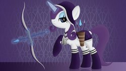 Size: 1191x670 | Tagged: safe, artist:tjtreece, rarity, g4, archery, arrow, bow (weapon), bow and arrow, clothes, weapon