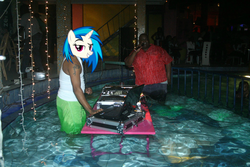 Size: 2048x1365 | Tagged: safe, edit, dj pon-3, vinyl scratch, human, g4, bedroom eyes, computer, irl, irl human, laptop computer, photo, swimming pool, turntable, water