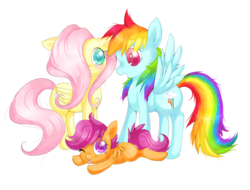 Size: 906x690 | Tagged: safe, artist:sketchylunacy, fluttershy, rainbow dash, scootaloo, g4, cute, cutealoo, prone, raspberry, tongue out, trio