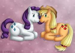 Size: 850x600 | Tagged: safe, artist:izka197, applejack, rarity, g4, female, lesbian, ship:rarijack, shipping