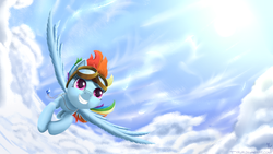 Size: 1920x1080 | Tagged: safe, artist:sonicrainboom93, rainbow dash, pony, g4, cloud, cloudy, female, flying, goggles, laputa: castle in the sky, solo, wallpaper