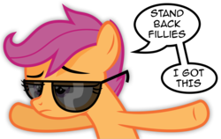Size: 6859x4339 | Tagged: safe, artist:austiniousi, scootaloo, pegasus, pony, g4, absurd resolution, female, filly, foal, simple background, solo, sunglasses, text, transparent background