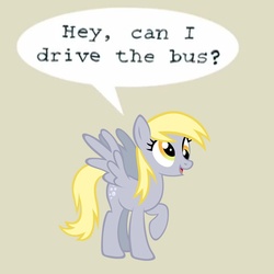 Size: 770x770 | Tagged: safe, artist:durpy, derpy hooves, pegasus, pony, g4, beige background, don't let the pigeon drive the bus, female, mare, mo willems, parody, simple background, solo, this will end in tears