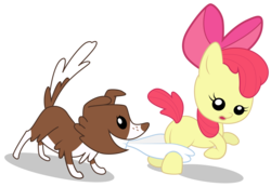 Size: 2000x1385 | Tagged: safe, artist:ahumeniy, apple bloom, winona, dog, earth pony, pony, g4, ponyville confidential, baby, baby pony, butt, coppertone parody, diaper, foal, plot, simple background, transparent background, vector