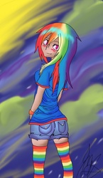 Size: 460x795 | Tagged: safe, artist:checkeredmarionette8, rainbow dash, human, g4, ass, blushing, butt, clothes, female, humanized, looking at you, looking back, looking back at you, shorts, solo