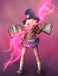 Size: 1020x1320 | Tagged: safe, artist:ninjaham, twilight sparkle, human, g4, artificial wings, augmented, book, clothes, horn wand, humanized, looking back, looking over shoulder, magic, magic wings, off shoulder, shoes, skirt, socks, solo, twilight sparkle (alicorn), wand, wings