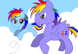 Size: 1024x715 | Tagged: safe, artist:carol-aredesu, rainbow blaze, rainbow dash, g4, younger