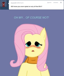 Size: 629x750 | Tagged: safe, fluttershy, g4, ask, blue background, blushing, bust, cyborg 009, english, front view, simple background, solo, tumblr
