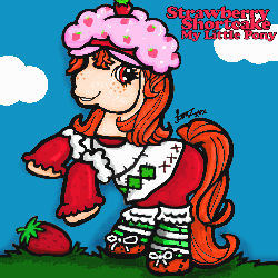 Size: 500x500 | Tagged: safe, artist:pixelbunny, earth pony, pony, g3, 2009, clothes, cloud, freckles, gif, grass, hat, non-animated gif, outdoors, pixel art, ponified, rearing, smiling, solo, strawberry shortcake, strawberry shortcake (character), tail