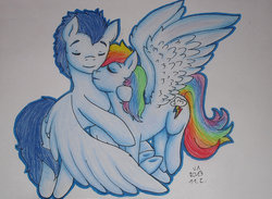 Size: 1024x749 | Tagged: safe, artist:flamewizardmon, rainbow dash, soarin', g4, ship:soarindash, shipping, traditional art