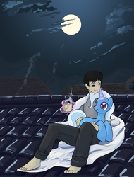 Size: 1750x2301 | Tagged: safe, artist:bigbuxart, trixie, human, g4, barefoot, fanfic art, feet, hot chocolate, moon