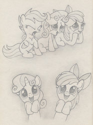 Size: 2000x2689 | Tagged: safe, artist:agamnentzar, apple bloom, scootaloo, sweetie belle, g4, cutie mark crusaders, monochrome, traditional art