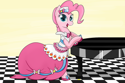 Size: 1000x667 | Tagged: safe, artist:ciscoql, pinkie pie, g4, clothes, disproportional anatomy, dress, gala dress, long neck, musical instrument, piano