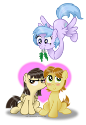 Size: 1024x1484 | Tagged: safe, artist:aleximusprime, mandopony, sleepy skies, wild fire, earth pony, pegasus, pony, g4, blushing, cheek kiss, female, heart, imminent kissing, kissing, male, mare, mistletoe, mouth hold, ship:mandofire, shipper on deck, simple background, stallion, straight, transparent background, unamused, wild fire is not amused