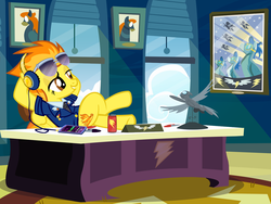 Size: 1000x750 | Tagged: safe, artist:pixelkitties, spitfire, g4, clothes, headphones, ipad, kelly metzger, pixelkitties' brilliant autograph media artwork, uniform